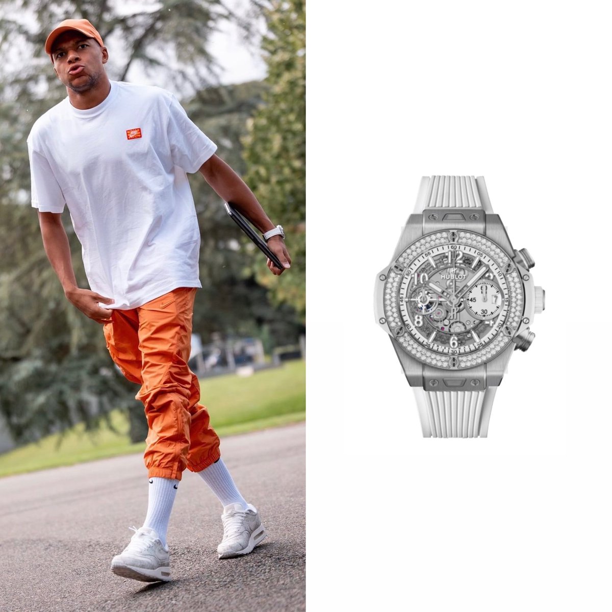 KMbappeStyle's tweet photo. The final touch? A glimpse of his @hublot Big Bang Steel White Diamonds watch—because Mbappé always knows how to shine both on and off the field. ⭐️ https://t.co/DG2QvOIF4o