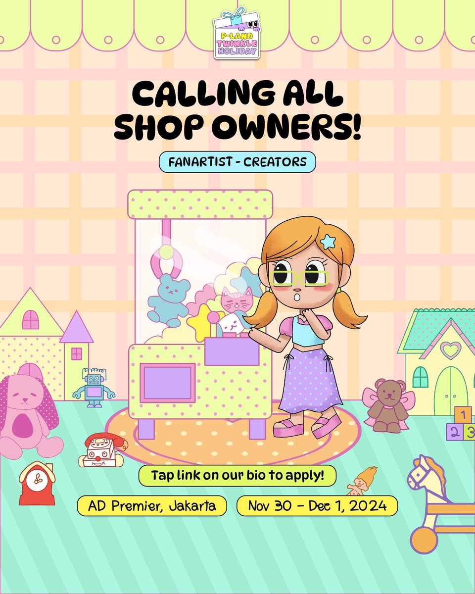 Calling all shop owners!🥁

Join us in spreading the holiday cheer by showcasing your creations at P-LAND: Twinkle Holiday!🌟

You can check the details by bit.ly/PLANDTwinkleHo…

📍AD Premier, Jakarta
🗓 30 November - 1 December 2024
⏰ 10:00 - 18:30 WIB

#PLAND