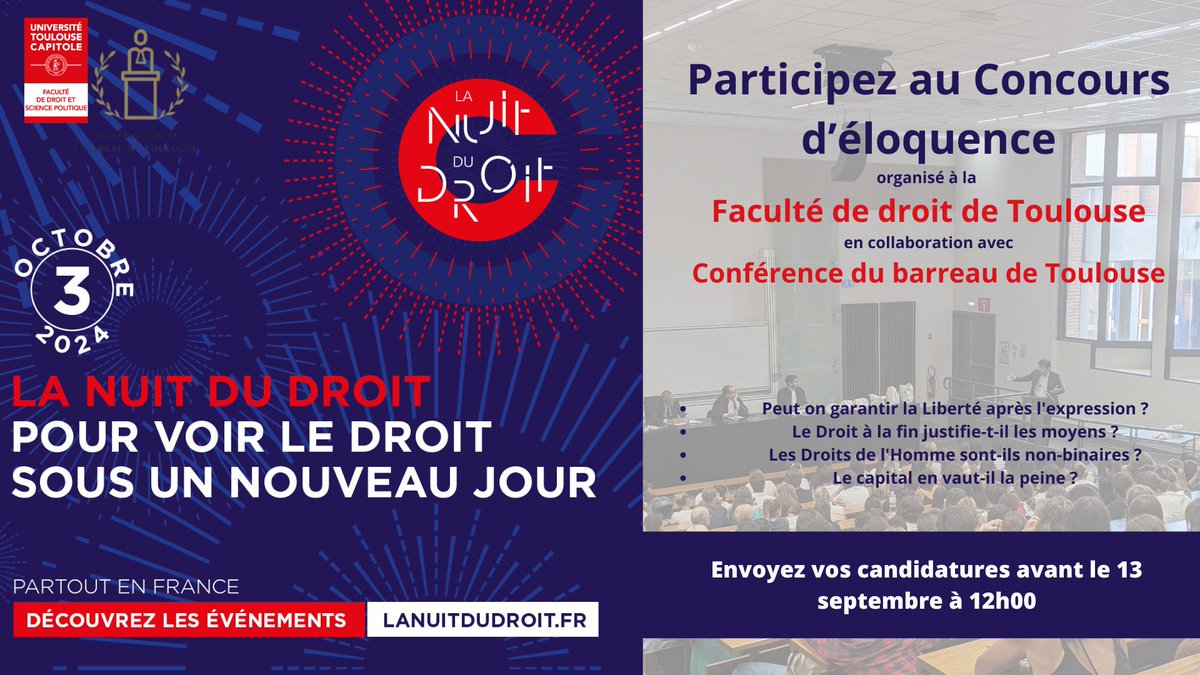 École de droit de Toulouse (@ecoledroittlse) on Twitter photo 📢⚖️Le concours d'#Eloquence de la <a href="/NuitDuDroit/">La Nuit Du Droit</a> est ouvert !
La @Fac_droit_tlse et la <a href="/ConfToulouse/">La Conférence du Barreau de Toulouse</a> organisent un concours sur "50 ans de Droits de l'Homme Européens".
Envoyez vite vos candidatures en suivant la procédure ici : urls.fr/IZy6A5
#DroitsDeLHomme #NuitDuDroit 📢⚖️Le concours d'#Eloquence de la <a href="/NuitDuDroit/">La Nuit Du Droit</a> est ouvert !
La @Fac_droit_tlse et la <a href="/ConfToulouse/">La Conférence du Barreau de Toulouse</a> organisent un concours sur "50 ans de Droits de l'Homme Européens".
Envoyez vite vos candidatures en suivant la procédure ici : urls.fr/IZy6A5
#DroitsDeLHomme #NuitDuDroit