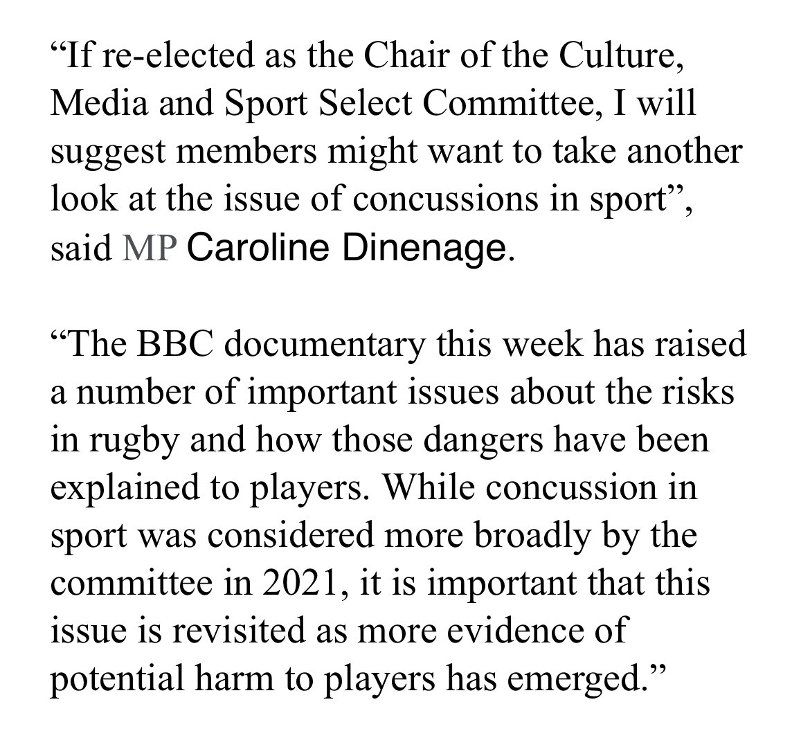 Dan Roan (@danroan) on Twitter photo Caroline Dinenage MP - standing for re-election as chair of <a href="/CommonsCMS/">Culture, Media and Sport Committee</a> - says she wants wants MPs to re-examine concussion in sport after BBC’s ‘Rugby on Trial’ film “raised important issues about the risks in rugby and how those dangers have been explained to players.” ⬇️ Caroline Dinenage MP - standing for re-election as chair of <a href="/CommonsCMS/">Culture, Media and Sport Committee</a> - says she wants wants MPs to re-examine concussion in sport after BBC’s ‘Rugby on Trial’ film “raised important issues about the risks in rugby and how those dangers have been explained to players.” ⬇️
