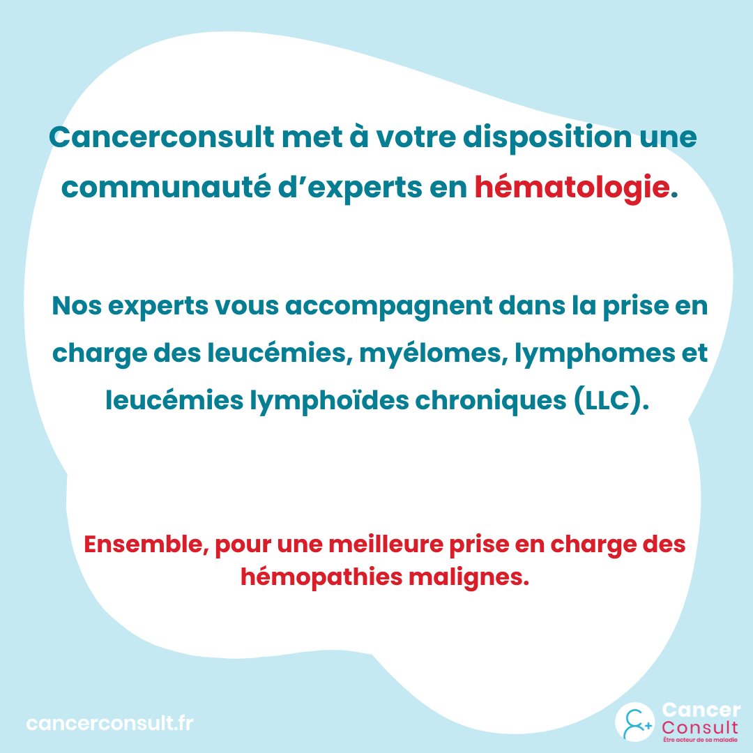 🩸📅 En ce mois de sensibilisation aux cancers du sang, Cancerconsult soutient les patients avec sa communauté d'experts en hématologie. 
#SeptembreRouge #CancerConsult #CancersDuSang #Leucémie #Myélome #Lymphome #LLC #Sensibilisation #Santé