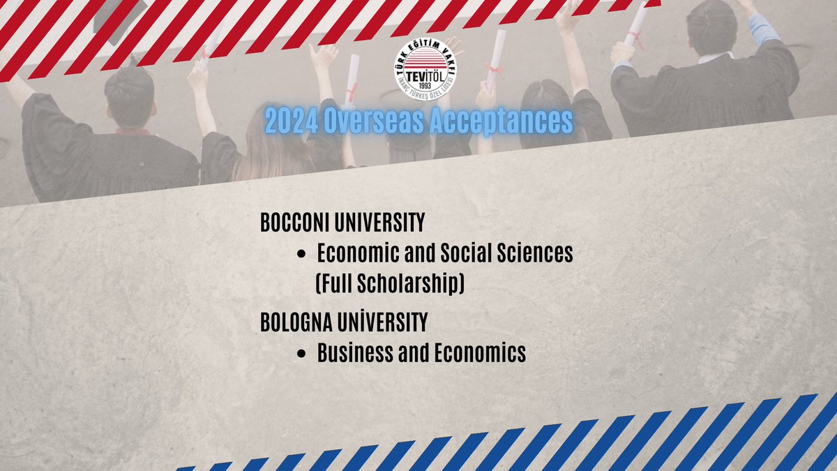 tevitol's tweet photo. Our 2024 graduates got accepted into various universities from all around the world, spanning from North America to Europe and Asia. We congratulate our students and wish them the best. 

Have a bright future TEVİTOL '24 🎓 https://t.co/bqO4RVnBwo