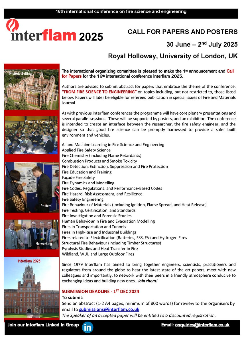Interflam 2025 Call for Papers and Posters.  Submission deadline 30 November 2024.  See our website for more info. interflam.co.uk