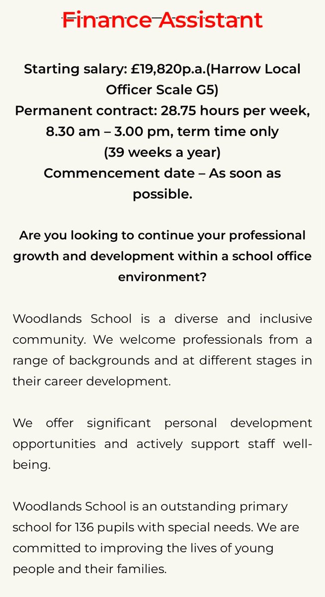 WoodlandsHarrow's tweet photo. We are recruiting for a finance assistant! 
Deadline for applications is the 19th September 3pm. 
Interviews will take place on the 25th September.
Find out more by clicking the link

https://t.co/B5UZwMBKXk

#adminstaff  #harrow #education #finance https://t.co/V0TL2nRuyl