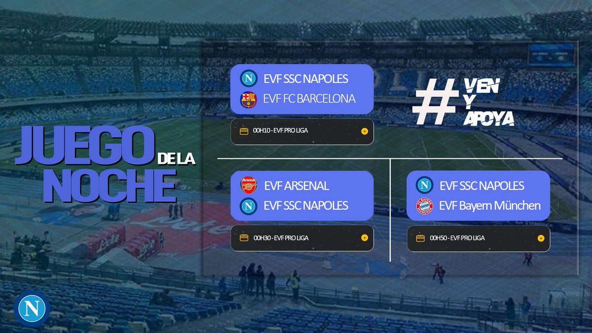 EVF SCC NAPOLES (@evfsccnapoles) on Twitter photo ⚔️ EVF Relampago
🗓️ 03/09/2024
Nápoles entra hoy al campo para otra batalla muy importante para reducir los puntos del 1er lugar
Pasemos a los próximos oponentes:
<a href="/EVFSCCNAPOLES/">EVF SCC NAPOLES</a> <a href="/Official_EVF/">Elite Virtual Football</a> ⚔️ EVF Relampago
🗓️ 03/09/2024
Nápoles entra hoy al campo para otra batalla muy importante para reducir los puntos del 1er lugar
Pasemos a los próximos oponentes:
<a href="/EVFSCCNAPOLES/">EVF SCC NAPOLES</a> <a href="/Official_EVF/">Elite Virtual Football</a>