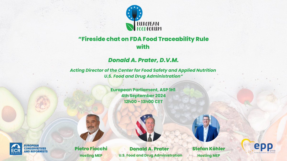 European Food Forum 🇪🇺 🗣🤝 (@eufoodforum) on Twitter photo Happy to announce the first EFF event of the 10th legislative period!🎉On 4th September, MEPs <a href="/FiocchiPietro/">PietroFiocchi</a> and <a href="/KoehlerS9/">Stefan Koehler</a> are hosting a fireside chat with <a href="/US_FDA/">U.S. FDA</a>’s D. Prater on food safety and nutrition, focusing also on the FDA Traceability Rule, followed by a Q&A session. Happy to announce the first EFF event of the 10th legislative period!🎉On 4th September, MEPs <a href="/FiocchiPietro/">PietroFiocchi</a> and <a href="/KoehlerS9/">Stefan Koehler</a> are hosting a fireside chat with <a href="/US_FDA/">U.S. FDA</a>’s D. Prater on food safety and nutrition, focusing also on the FDA Traceability Rule, followed by a Q&A session.
