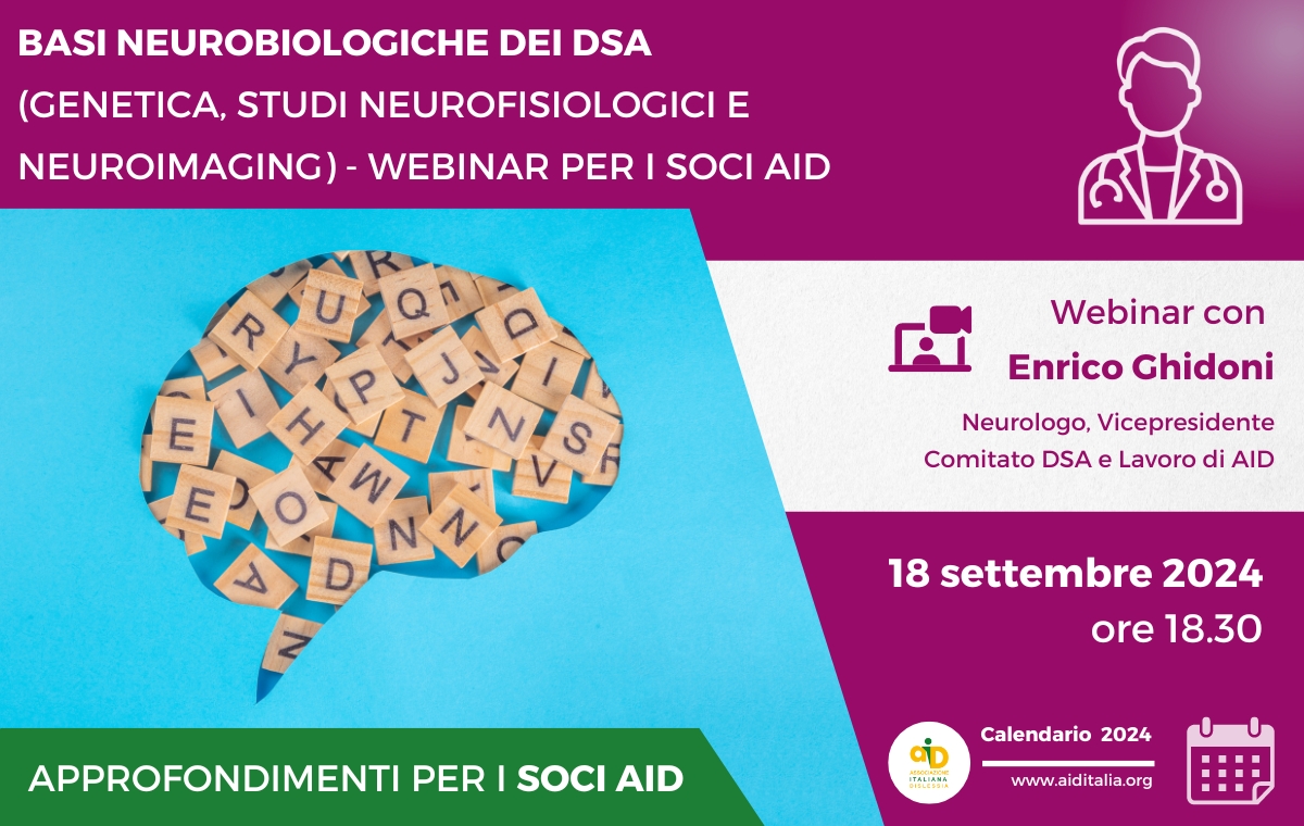Conoscere le basi neurobiologiche dei #DSA, per i #tecnici che si occupano di queste caratteristiche, è fondamentale per comprendere le manifestazioni cliniche, la loro persistenza nel tempo e le possibilità di intervento.
Iscriviti al nuovo webinar AID👇
bit.ly/webinar_settem…