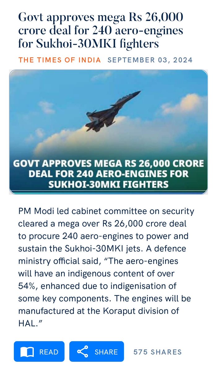 Jitendra4bjp1's tweet photo. Govt approves mega Rs 26,000 crore deal for 240 aero-engines for Sukhoi-30MKI fighters
https://t.co/9MnbYekOQU

via NaMo App https://t.co/w3ST2Asd4h
