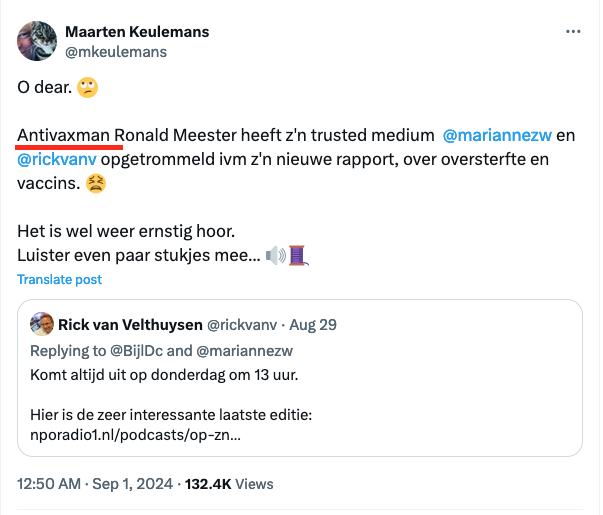 RecomendsFaults's tweet photo. Ik dacht dat het amper mogelijk was, maar @mkeulemans glijdt met de dag verder af. 

En het gaat ook vast heel goed met de @volkskrant. Want als krant wil je natuurlijk kwaliteit leveren. 

Terug naar Maarten:

Eerst noemt hij Meester een 'antivaxman'. 

#Oversterfte https://t.co/jhfAOVBbGT