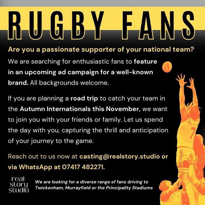 /#CASTINGCALL/

Are you going to an Autumn International game? 🏈

An ad campaign is looking to follow passionate fans as they travel by car on the day 🚘

📧 casting@realstory.studio or 📞 07417 482 271

#rugby #rugbylife #rugbyunion #rugbyplayer #sport #nrl #rwc #thecastingcrew