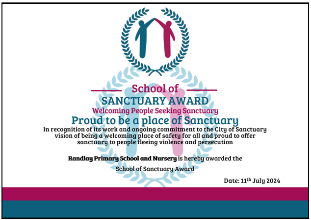 Randlay Primary School and Nursery is proud to say that we were awarded School of Sanctuary status in July 2024 in recognition of our school commitment to fostering a culture of welcome, belonging and solidarity for all pupils and the wider community.