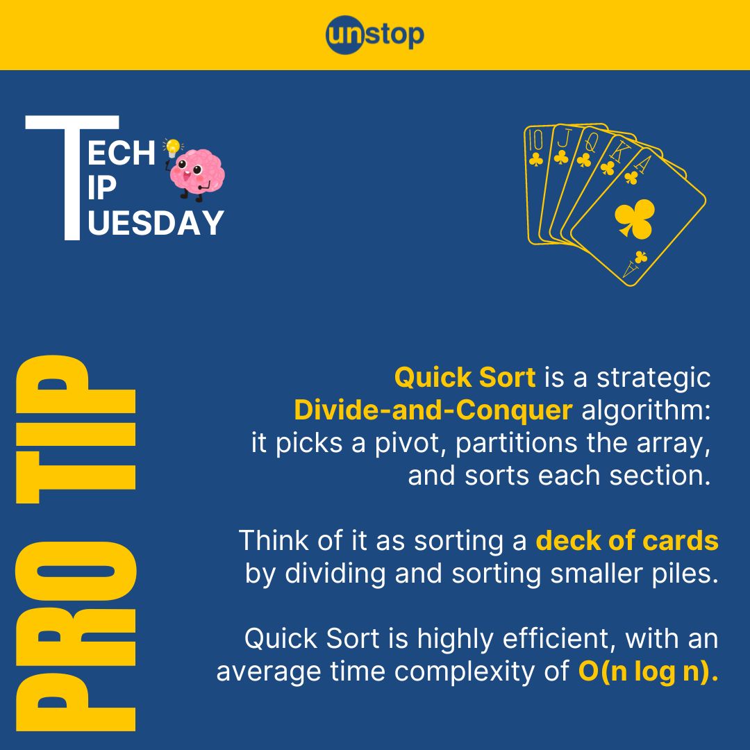 Unstop_World's tweet photo. What's the secret to sorting like a pro?🤷‍♀️   

Quick Sort it is!💡- Pick a pivot, divide, and conquer 🃏🔀  

Read this to know more 👩‍💻: https://t.co/R09rlTTK6d  

#TechTip #Quicksort #Algorithms #DSA #techinterview #Engineering #Placementseason #interviewprepration #sorting https://t.co/pL3yZobfBX