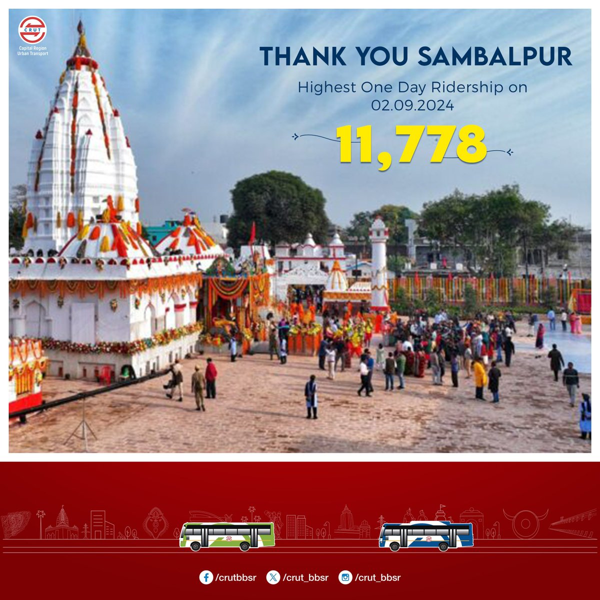 CRUT_BBSR's tweet photo. ଧନ୍ୟବାଦ୍ ସମ୍ବଲପୁର।
ଆପଣଙ୍କ ଭଲ ପାଇବା ଯୋଗୁଁ ଦୈନିକ ଯାତ୍ରାରେ ମୋ ବସ୍ ର ବ୍ୟବହାର ୧୧,୭୭୮ ଯାତ୍ରୀ ସଂଖ୍ୟାରେ ପହଞ୍ଚିପାରିଛି।
We are excited to share the highest one day #MoBus ridership of 11,778 in #Sambalpur and its hinterland.
Thank you #BusFriendsForever for your unwavering faith. https://t.co/EiEKJ4j7MM