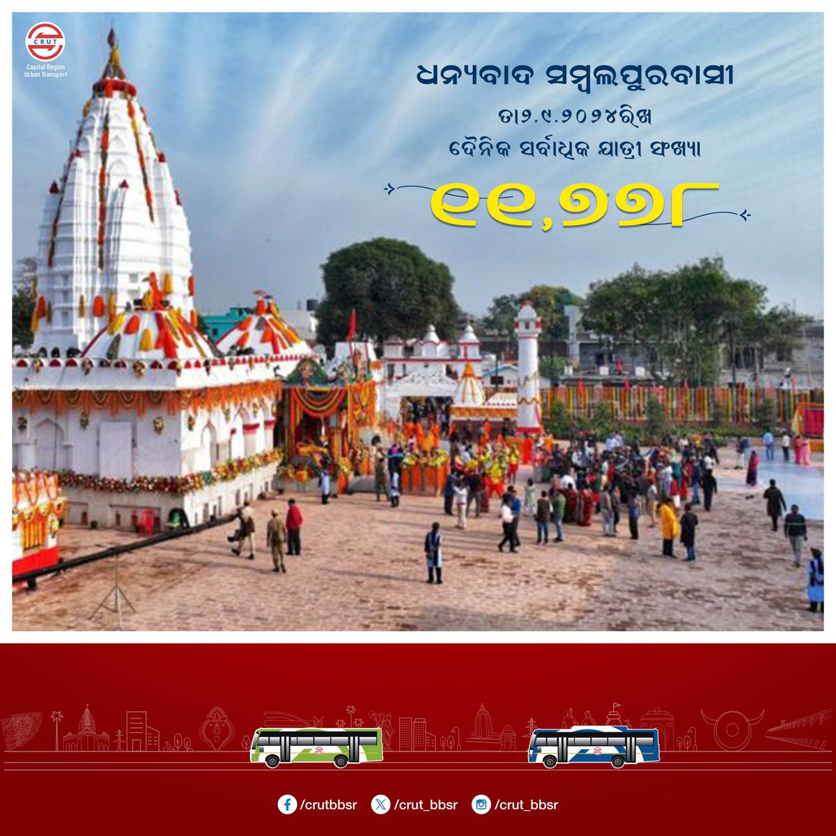 CRUT_BBSR's tweet photo. ଧନ୍ୟବାଦ୍ ସମ୍ବଲପୁର।
ଆପଣଙ୍କ ଭଲ ପାଇବା ଯୋଗୁଁ ଦୈନିକ ଯାତ୍ରାରେ ମୋ ବସ୍ ର ବ୍ୟବହାର ୧୧,୭୭୮ ଯାତ୍ରୀ ସଂଖ୍ୟାରେ ପହଞ୍ଚିପାରିଛି।
We are excited to share the highest one day #MoBus ridership of 11,778 in #Sambalpur and its hinterland.
Thank you #BusFriendsForever for your unwavering faith. https://t.co/EiEKJ4j7MM