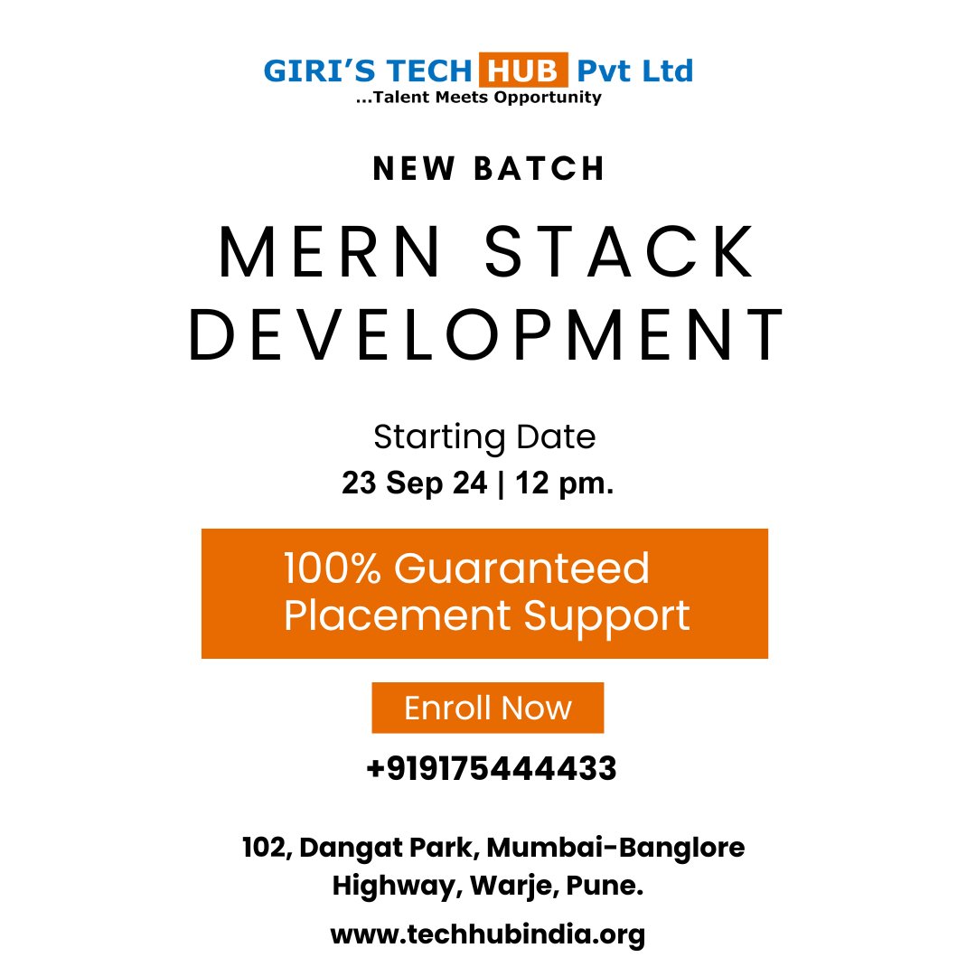 HubGiri's tweet image. Starting New batch of Mern Stack Development 23 sep 24 | 12 pm.

 #MERNStack #MERNStackDevelopment #mernstackdeveloper #ITinstitute #giristechhub #pune