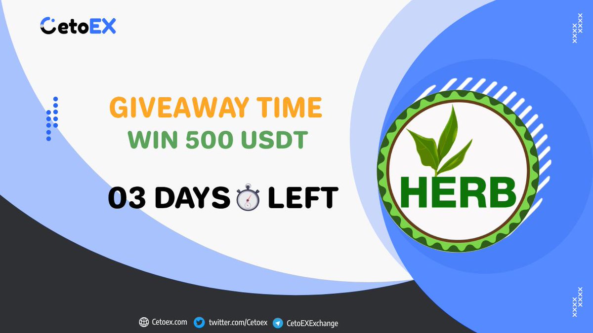 🎉We are collaborating with
<a href="/coin_herb/">HERBCOIN</a> to reward our communities!🎉
💰 10 Winners will receive $50 in USDT
✅To Enter :・Follow
<a href="/Cetoex/">CetoEX</a>
<a href="/coin_herb/">HERBCOIN</a>
<a href="/CetoexDaily/">Cetoex News</a>
・Like, Retweet, Tag 3 friends
・Comment #herbcoin #cetoex
⌛️Ends in 3 days!