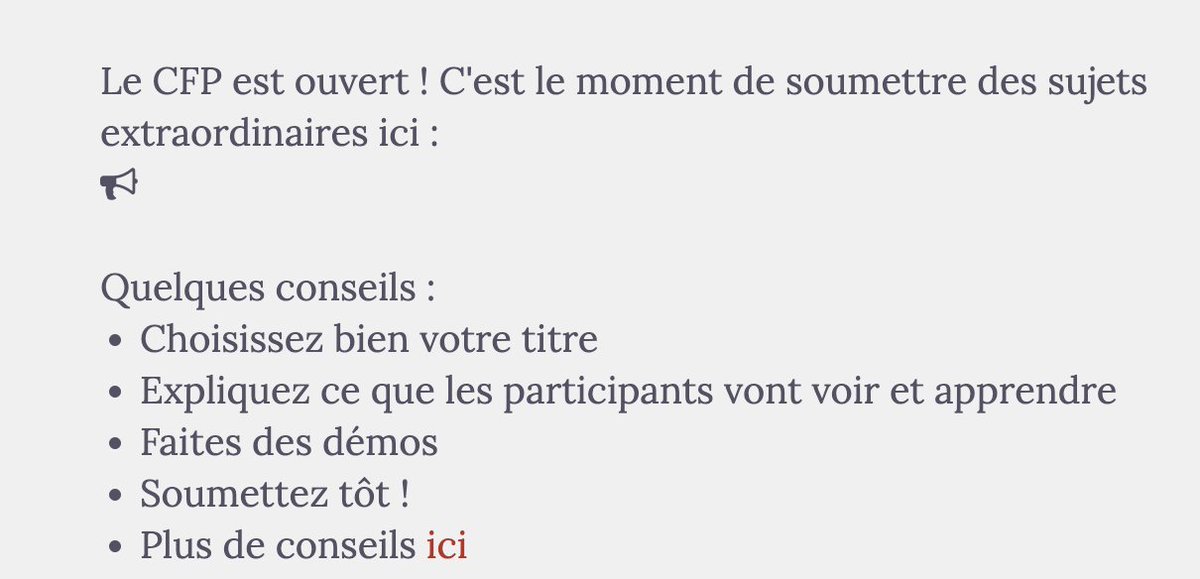 Le CFP de <a href="/SnowCampIO/">Snowcamp, la conf tech des Alpes 🏔️</a> est ouvert ? 😍

<a href="/SnowCampIO/">Snowcamp, la conf tech des Alpes 🏔️</a> Il n'y a pas de lien sur le site et je ne trouve pas d'événement dans conference-hall. Faut-il postuler via un autre moyen ?

Hâte de vous retrouver pour une nouvelle conférence de folie !!! 🎉