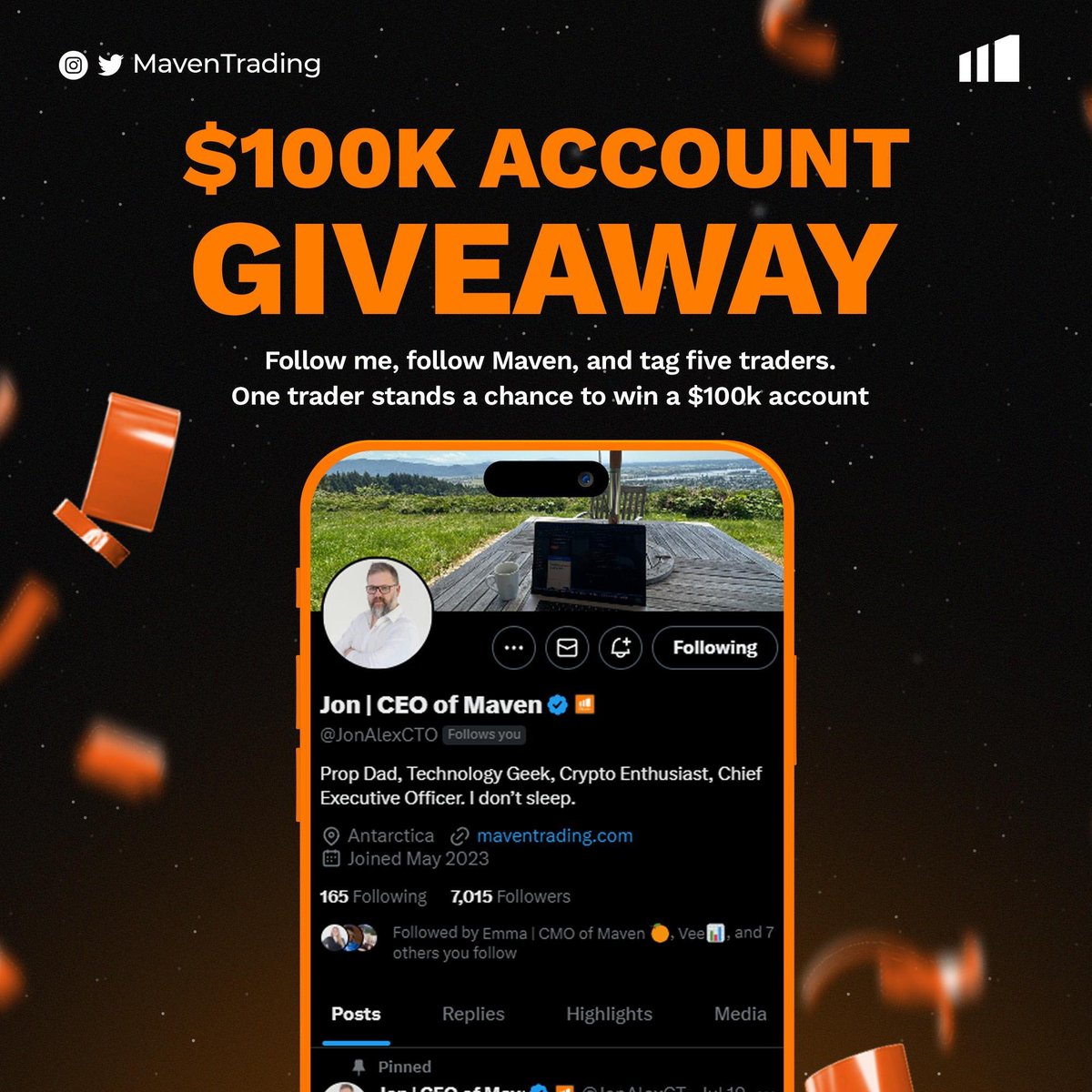 Maven_CEO's tweet image. 100K account for free! Good luck everyone! LFG! 🚀

1. Follow @jonalexcto @Rachel_Maven @HaydenLungley  @Maventrading 
2. Tag 5 traders
3. Hug a friend
Bonus - Repost!

One winner announced Saturday!