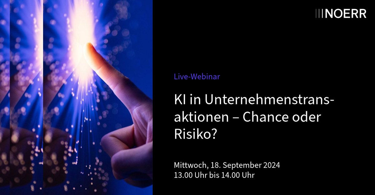 Live-Webinar: #KI in #Unternehmenstransaktionen – Chance oder Risiko?
📅 18.09.2024, 13.00 Uhr

Zum #Webinar: join.next.edudip.com/de/webinar/ki-… 

#NoerrDigital