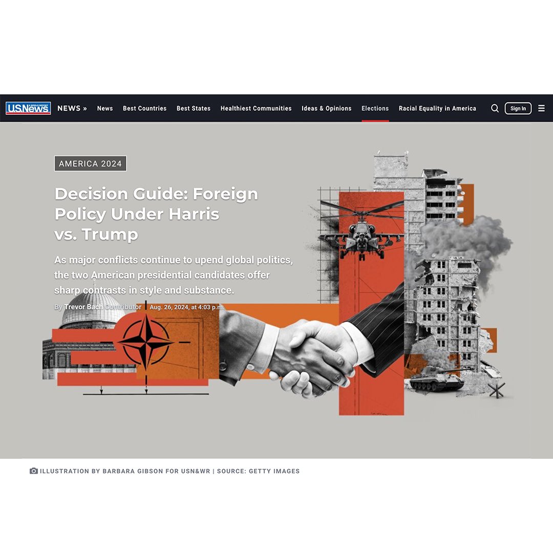 Decision Guide: Decision Guide: Foreign Policy Under Harris vs. Trump

As major conflicts continue to upend global politics, the two American presidential candidates offer sharp contrasts in style and substance.

AMERICA 2024: FOREIGN POLICY © 2024 <a href="/GibsonKochanek/">GibsonKochanek</a> for <a href="/usnews/">U.S. News & World Report</a>