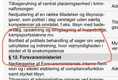 Dette spareforslag i regeringens finanslovsforslag bakker vi SÅ meget op om. Endelig kan kommunerne selv bestemme hastigheden på vejene.
"Bortfald af politiets behandling af sager om vejes  udnyttelse og indretning, hvor vejmyndigheden i  stedet vil få enekompetence". #dkpol