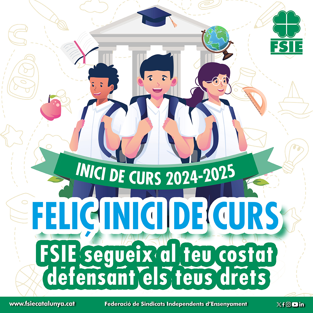 👋 🍀FSIE-CAT📷 dona la benvinguda al curs 2024-2025! Sabem que serà un curs ple de reptes, però gràcies al treball conjunt els anirem superant i avançarem cap a unes millors condicions laborals.
Visita la nostra web 👉 fsiecatalunya.cat