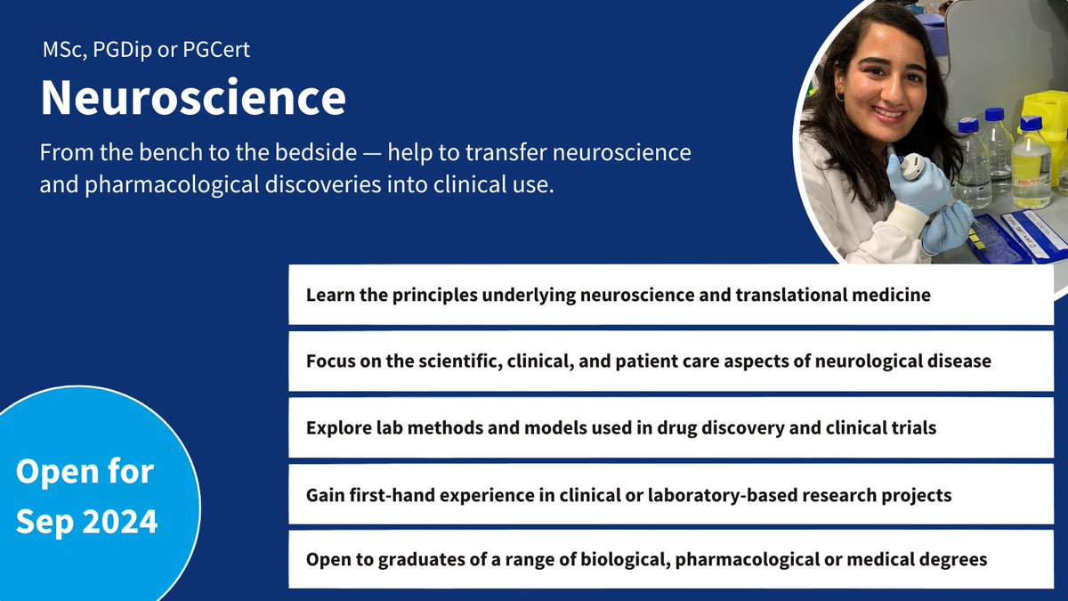 Help to transfer neuroscience and pharmacological discoveries into clinical use with our MSc, PGDip or PGCert in #Neuroscience. Apply before Monday 16th September (international students) or Monday 23rd September (home students) to join us for 2024/25: qmul.ac.uk/postgraduate/t…
