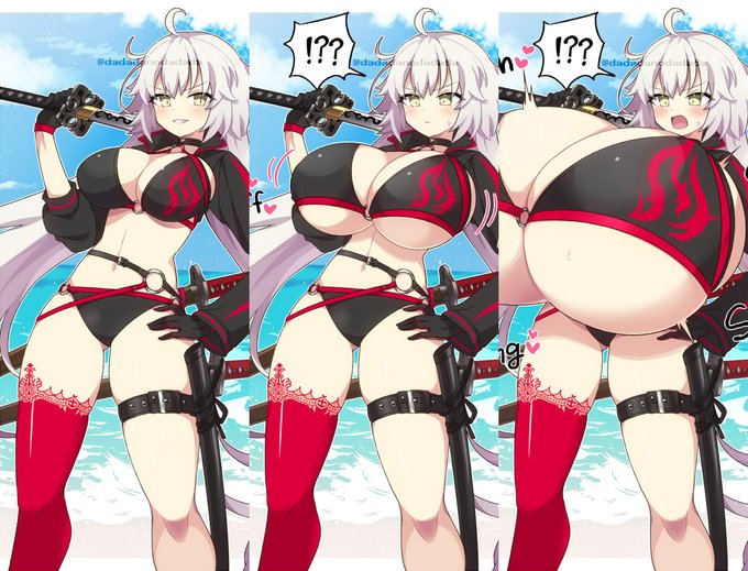 Skeb納品しました!FGOから超乳サイズの水着ジャンヌ・オルタさんでした。特に指定はなかったけどせっかくなので普通サイズから膨乳する過程を三段階で描いてみました!Thanks! #Skeb #Commission より 