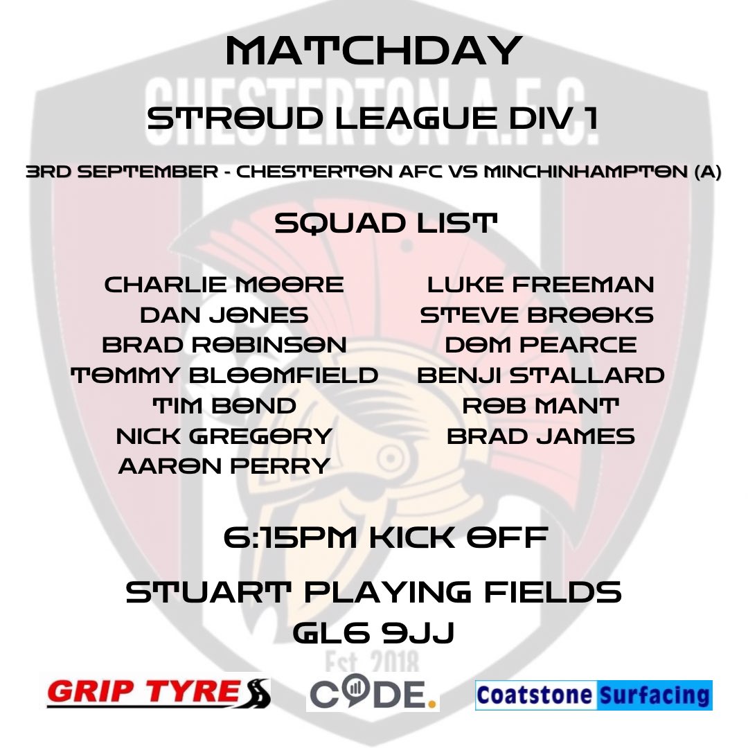 Tonight we travel away to Minchinhampton FC in our 3rd league game of the season.
Still looking to register our first points of the season after a close battle at the weekend. UTC!

#chestertonafc #chezzie #utc #stroudleague #football