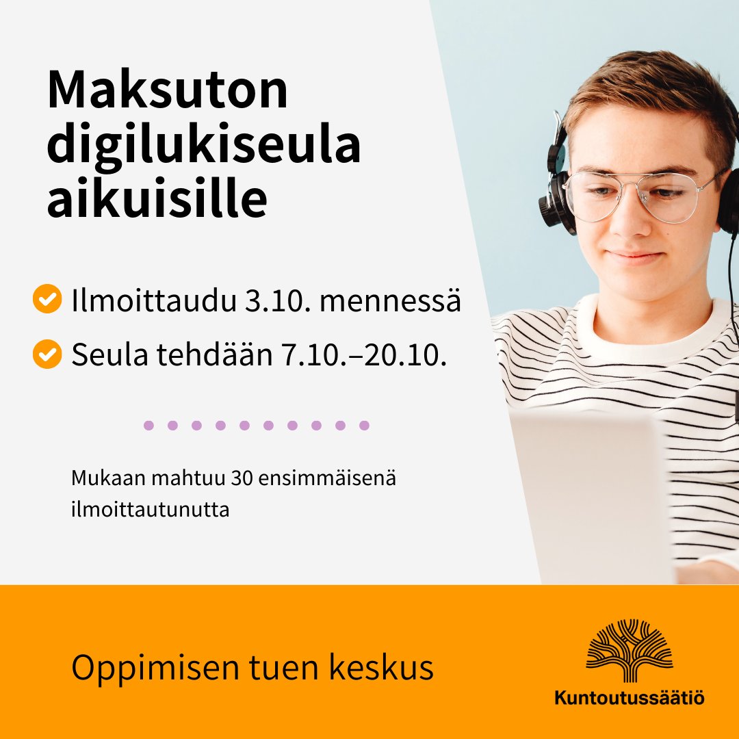 Oppimisen tuen keskus tarjoaa lokakuussa #Lukiviikko kunniaksi aikuisille mahdollisuuden maksuttomaan etämuotoiseen lukiseulontaan.

Ilmoittaudu 3.10. mennessä: kuntoutussaatio.fi/ajankohtaista/… #lukiseula #lukivaikeus #oppimisvaikeudet