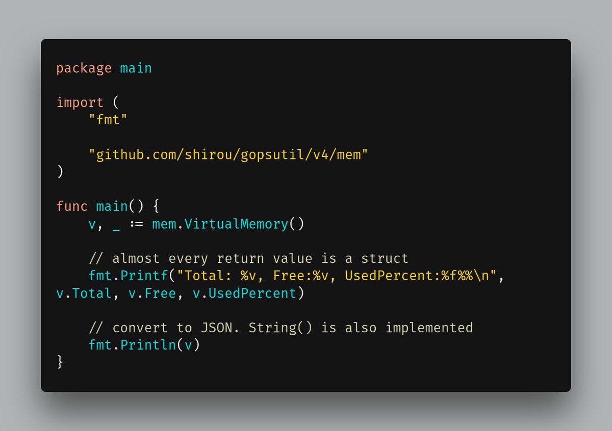 getanteon's tweet photo. Gopsutil: System and process metrics made easy in Go! 🔥 

💻 Gather system, CPU, memory, disk, and network stats effortlessly
🔍 Cross-platform support for your monitoring needs
🚀 Lightweight and efficient in production environments

🔗 GitHub: https://t.co/uwaCDIpv5X

#golang #monitoring #programming #library #opensource
