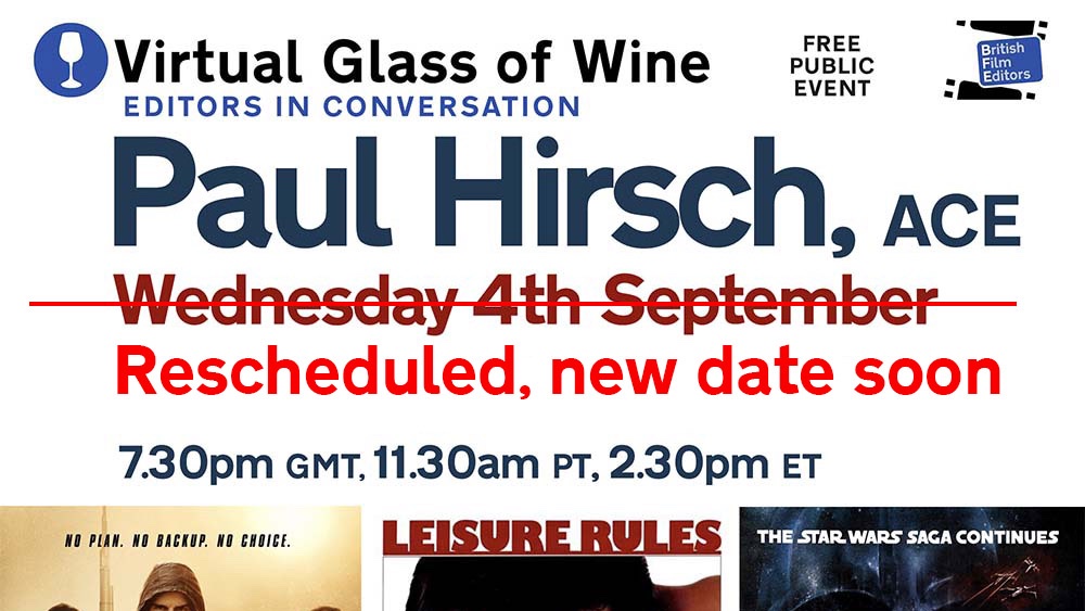 Sorry for the short notice.

We’ve just heard that we have to reschedule tomorrow’s Virtual Glass of Wine with Paul Hirsch, ACE. 

We will share the new date as soon as we have it. If you have registered on the link, we will send you the new date as soon as we have it.