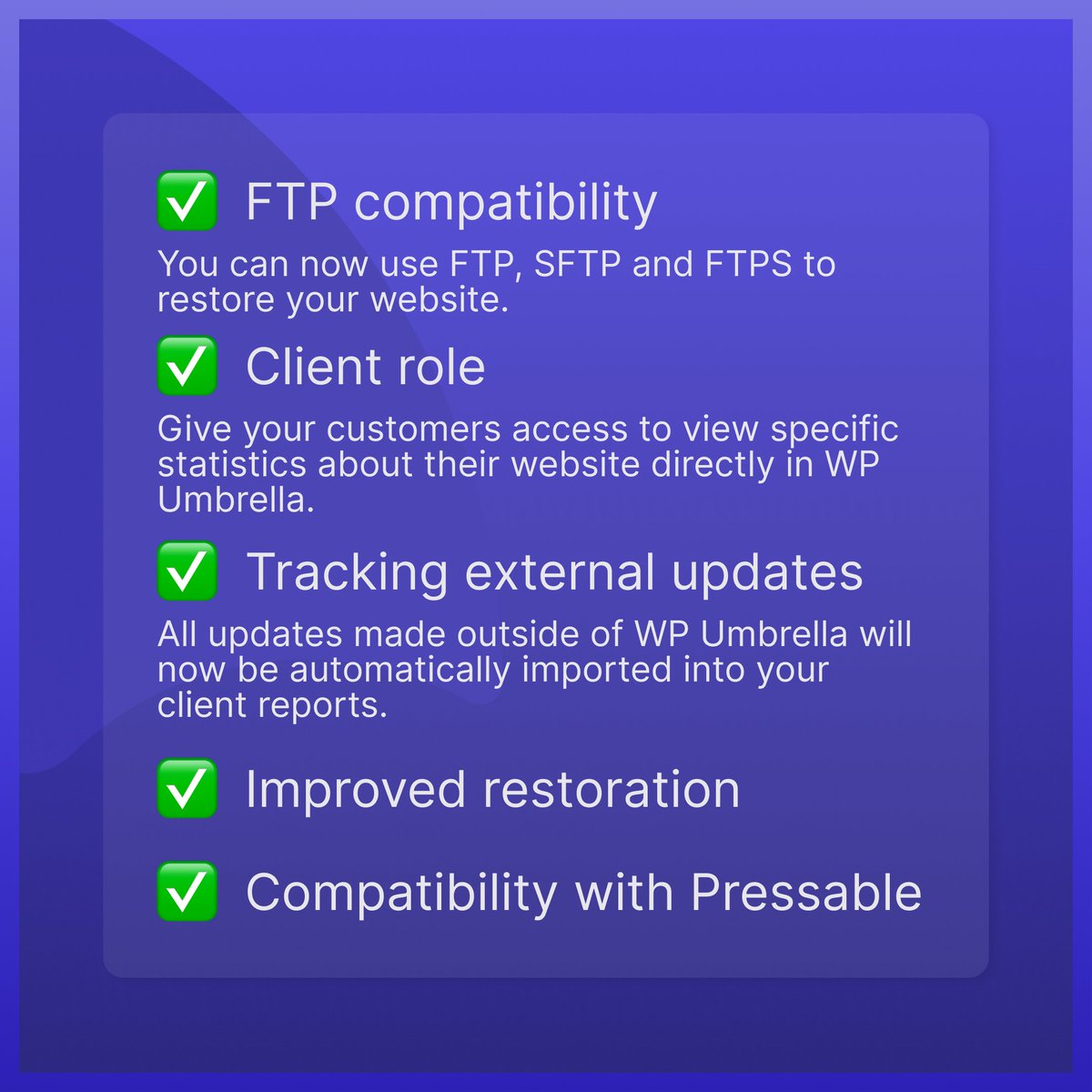 wpumbrella's tweet photo. ☂ August product updates roundup ☂
See what's new on WP Umbrella ⬇
#wordpress #wordpressmaintenance #wp #wordpressmanagement #ftp #sftp https://t.co/vMCYhyQrfQ