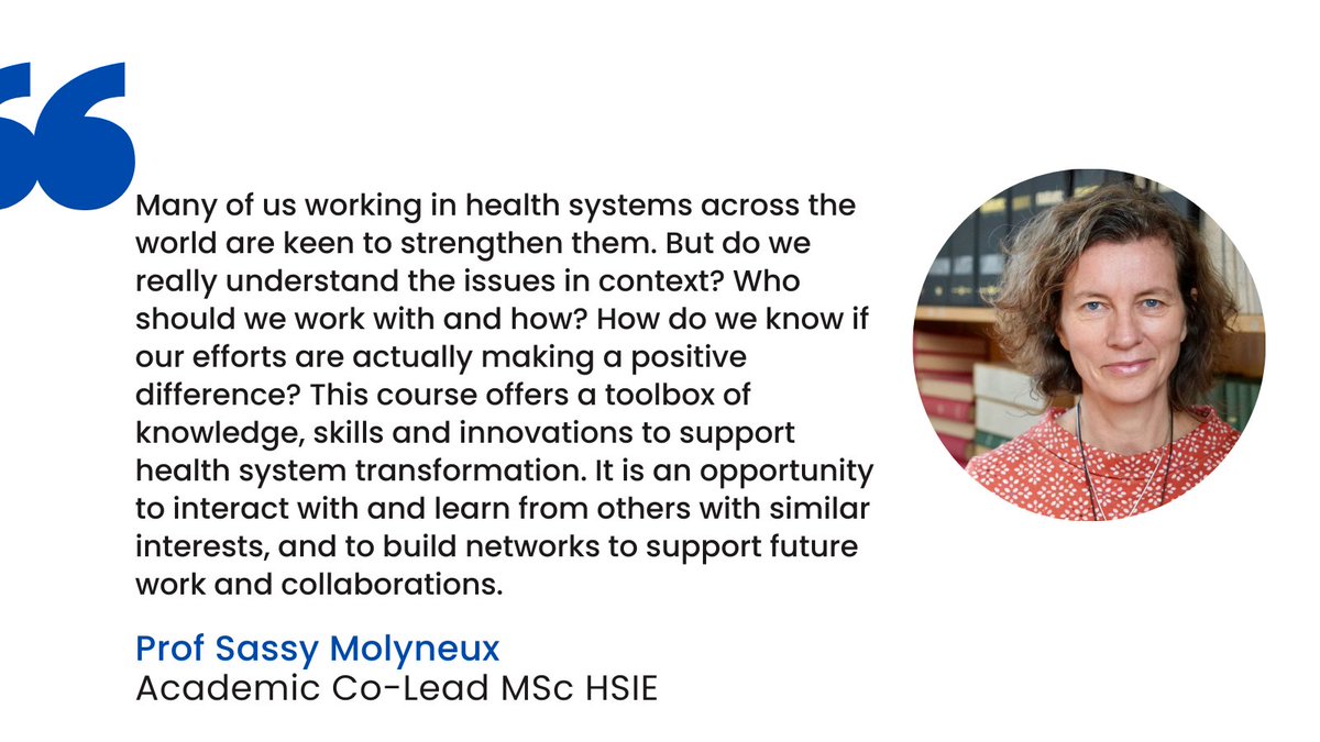 Tropical Medicine Oxford (@tropmedoxford) on Twitter photo Prof <a href="/SassyMolyneux/">Sassy Molyneux</a> is the academic co-lead of MSc #HSIE. She worked for <a href="/KEMRI_Wellcome/">KEMRI-Wellcome Trust</a> for 27 years and remains a member of the Health Systems & Research Ethics dept. Her research interests span #HealthPolicyandSystemsResearch and #EmpiricalEthics.
#MScHSIE Prof <a href="/SassyMolyneux/">Sassy Molyneux</a> is the academic co-lead of MSc #HSIE. She worked for <a href="/KEMRI_Wellcome/">KEMRI-Wellcome Trust</a> for 27 years and remains a member of the Health Systems & Research Ethics dept. Her research interests span #HealthPolicyandSystemsResearch and #EmpiricalEthics.
#MScHSIE