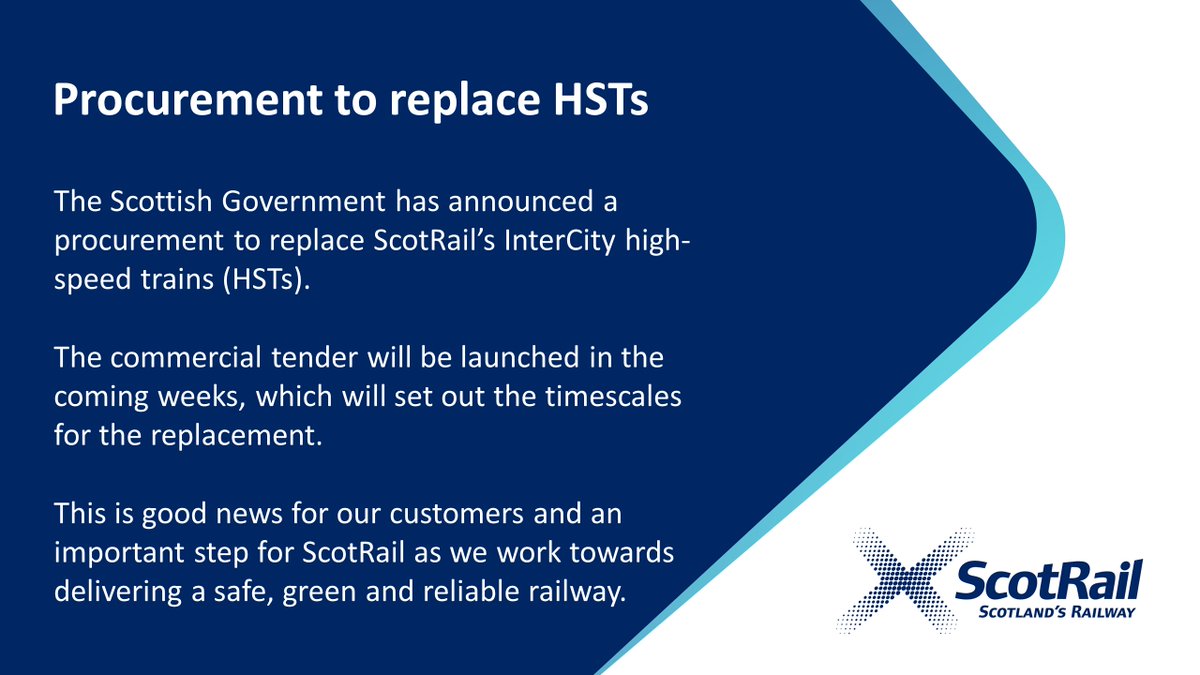 ScotRail's tweet image. The Scottish Government has announced a procurement to replace ScotRail's InterCity high-speed trains. A commercial tender will now be launched in the coming weeks, setting out timescales for the replacement. This is good news as we work towards a green and reliable railway.