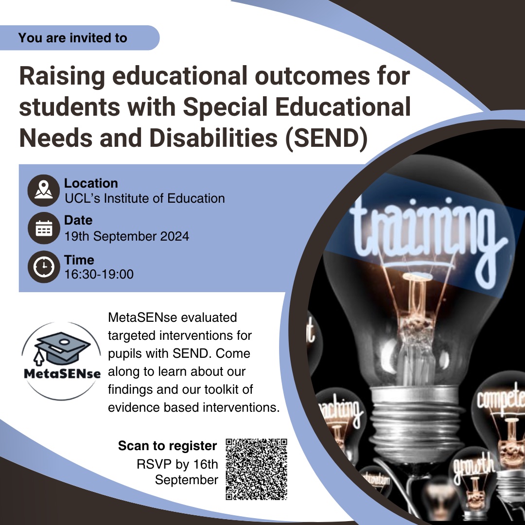 Jo Van Herwegen (@jovanherwegen) on Twitter photo Teachers and educational professionals: we still have a few spaces left for the launch event of the MetaSENse findings and database <a href="/IOE_London/">IOE, UCL's Faculty of Education & Society</a> on 19/09/2024.
<a href="/UoL_CEN/">Centre for Educational Neuroscience</a>
#teaching #SEND #education Teachers and educational professionals: we still have a few spaces left for the launch event of the MetaSENse findings and database <a href="/IOE_London/">IOE, UCL's Faculty of Education & Society</a> on 19/09/2024.
<a href="/UoL_CEN/">Centre for Educational Neuroscience</a>
#teaching #SEND #education