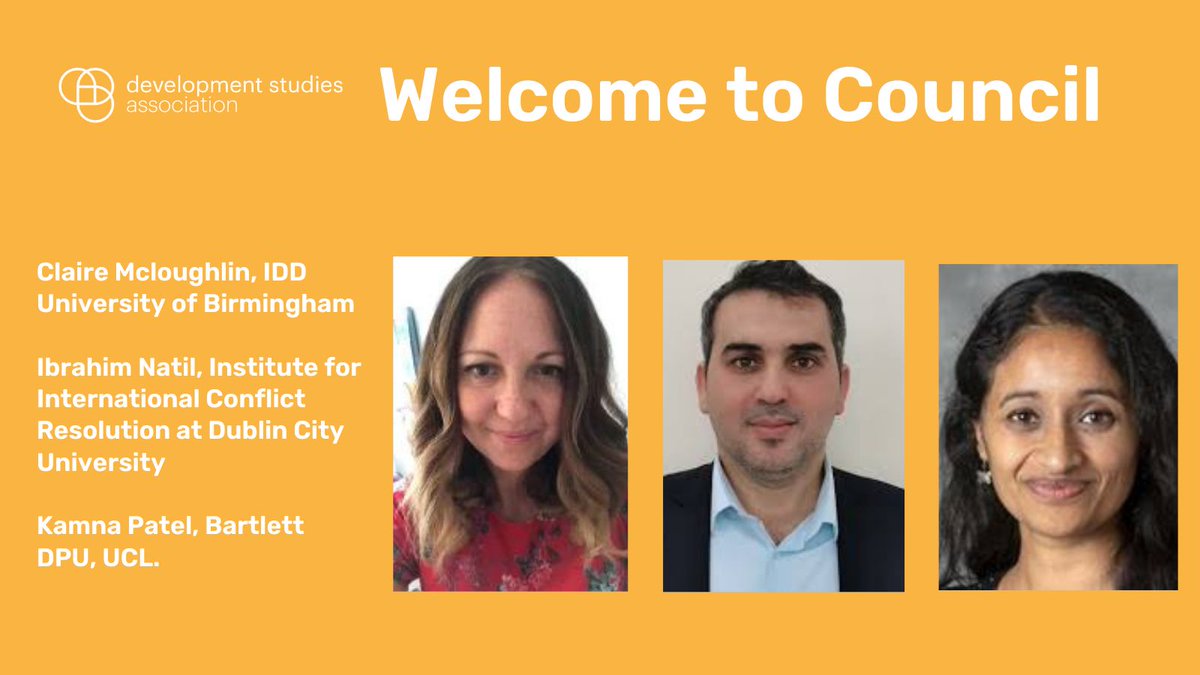 We are delighted to welcome our new members to the DSA Council:
✨<a href="/Natilibrahim/">Ibrahim Natil</a>, Research Fellow at the @IICRR at <a href="/DCU/">Dublin City University</a>
✨ <a href="/cl_mcloughlin/">Dr. Claire Mcloughlin</a>, Associate Professor at the <a href="/iddbirmingham/">International Development Department</a>
✨ Kamna Patel, Associate Professor, <a href="/dpu_ucl/">The Bartlett Development Planning Unit (DPU)</a>

Read about them here ⤵️
buff.ly/4fNzHs3