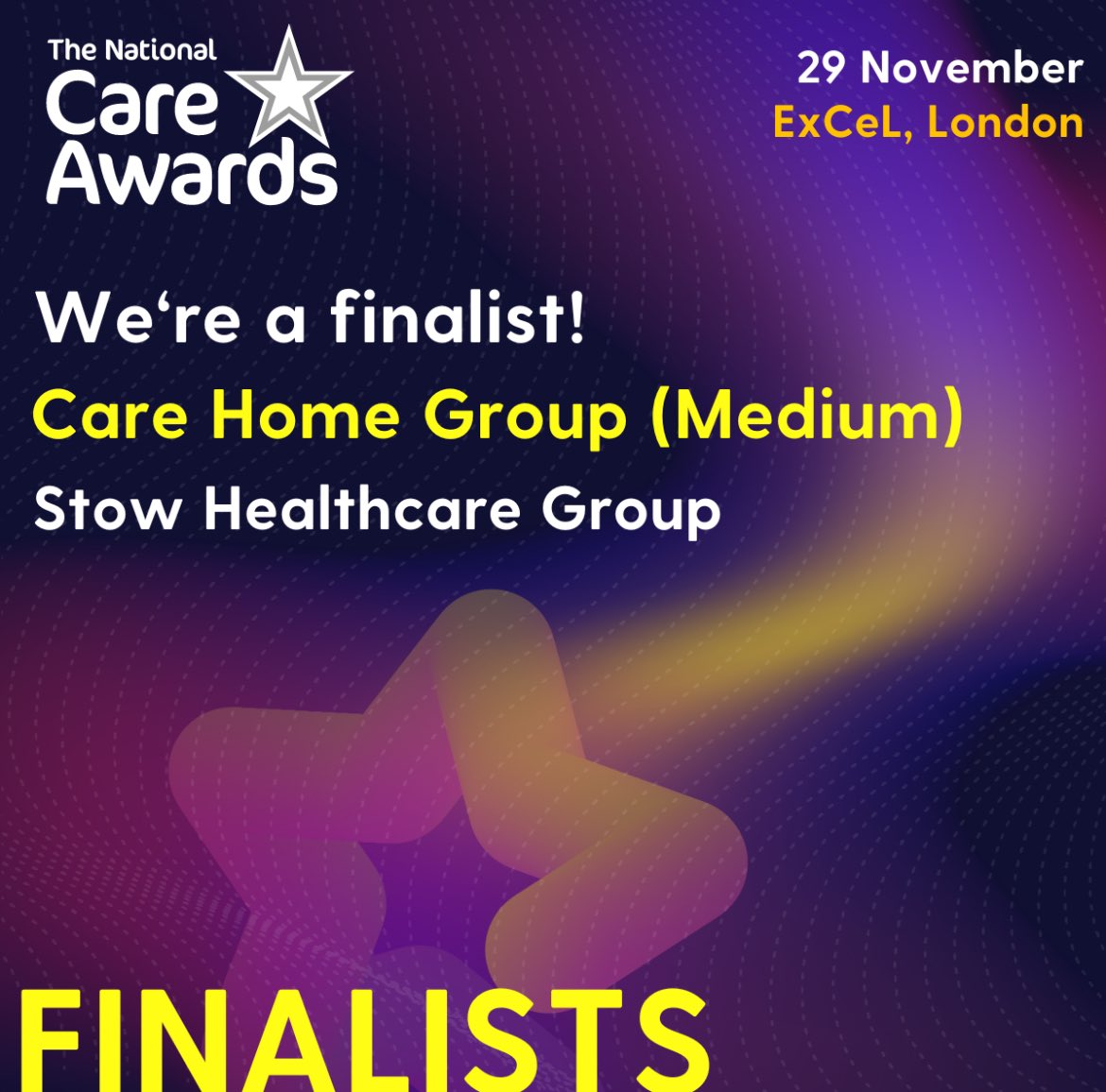 Stow Healthcare (@stowhealthcare) on Twitter photo Delighted to share we are finalists at the <a href="/Caring_Times/">Caring Times</a> National Care Award 2024 in the Care Group of the Year (Medium) Category!
We look forward to celebrating with all of the amazing finalists in November! Delighted to share we are finalists at the <a href="/Caring_Times/">Caring Times</a> National Care Award 2024 in the Care Group of the Year (Medium) Category!
We look forward to celebrating with all of the amazing finalists in November!
