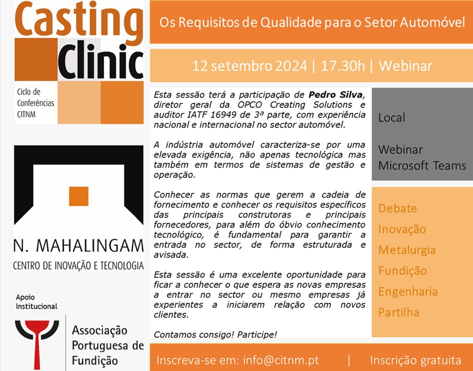 Mobinov PT (@mobinovpt) on Twitter photo 🚗Webinar sobre Qualidade no Setor Automóvel🚗
No dia 12 de setembro às 17h30, participe no webinar "Os Requisitos de Qualidade para o Setor Automóvel".
Atualize-se sobre normas e desafios do setor!
👉 Inscrição gratuita: info@citnm.pt 🚗Webinar sobre Qualidade no Setor Automóvel🚗
No dia 12 de setembro às 17h30, participe no webinar "Os Requisitos de Qualidade para o Setor Automóvel".
Atualize-se sobre normas e desafios do setor!
👉 Inscrição gratuita: info@citnm.pt