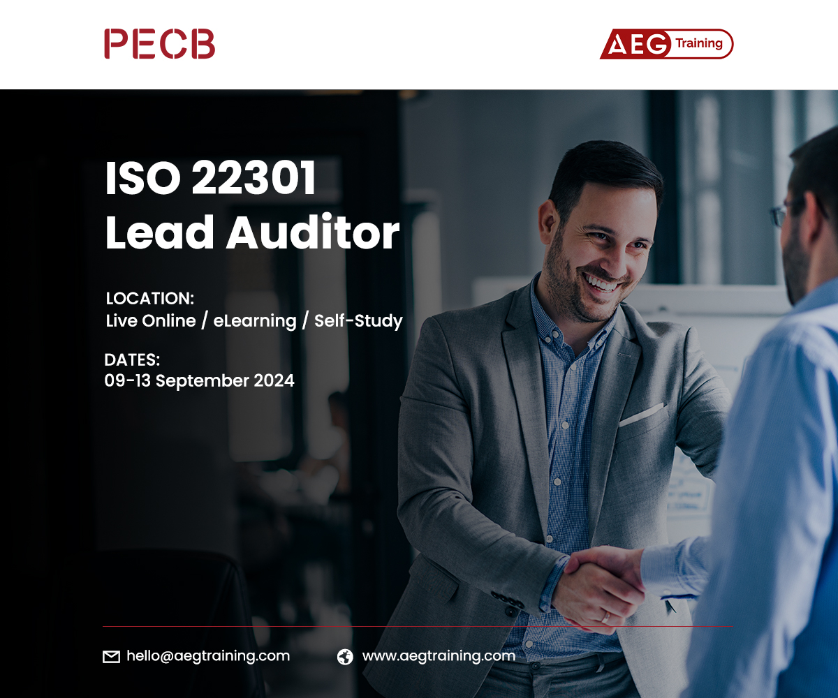 PECB (@pecb) on Twitter photo Join our partner AEG Training on their upcoming ISO 22301 Lead Auditor training course.
For additional information please contact hello@aegtraining.com Join our partner AEG Training on their upcoming ISO 22301 Lead Auditor training course.
For additional information please contact hello@aegtraining.com