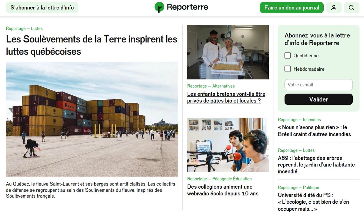 À lire aujourd'hui sur Reporterre.net : 

🇨🇦 Les Soulèvements de la Terre inspirent les luttes québécoises @ClementVillaume 

🍝 Les enfants bretons vont-ils être privés de pâtes bio et locales ? <a href="/TanguyDhelin/">Tanguy Dhelin</a> 

🎙️ Des collégiens animent une webradio écolo depuis 10 ans