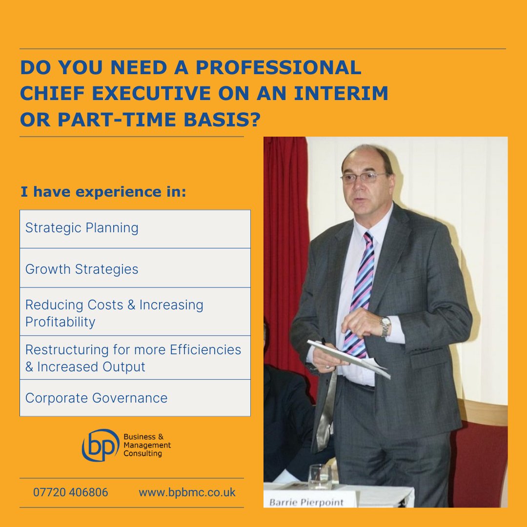 Do you need an experienced CEO for your business, interim or part-time? I'm a former PLC CEO, MD, and current NED with a track record of turning around loss-making businesses. 

Skilled in strategic planning, growth strategies, cost reduction, and more.

Contact me:
07720 406806