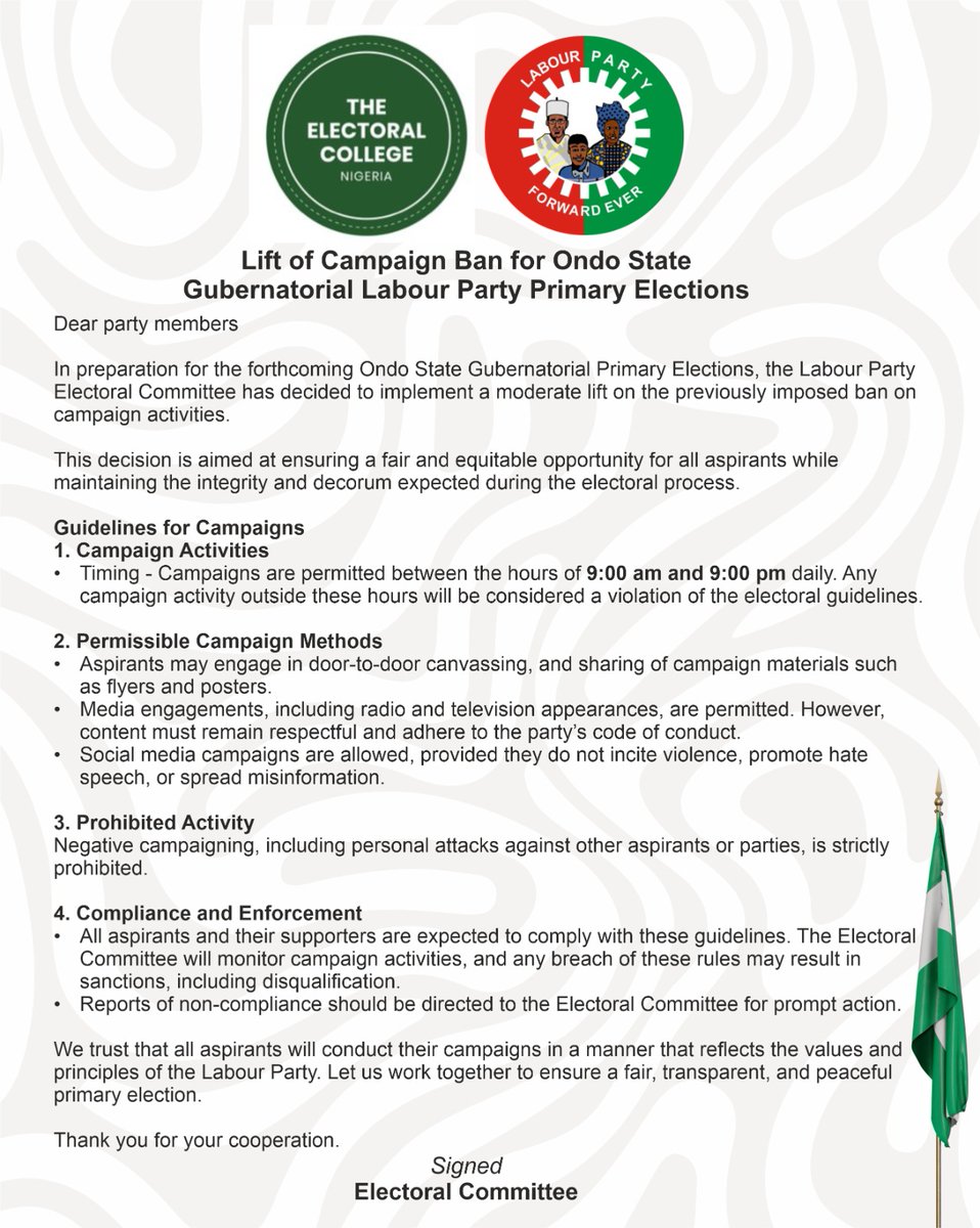 ECNLP_XV's tweet photo. GAME ON! Labour Party Lifts Campaign Ban for Ondo
#ElectoralCollegeNigeria #ECNLabourParty #Politeracy 

@electoralcollng https://t.co/obYsSa1aRU
