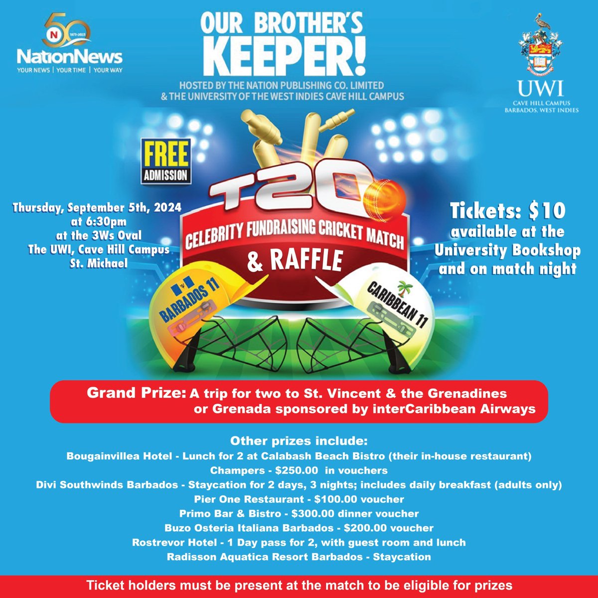 Win BIG at this year's T20 Celebrity Fundraising Cricket Match! This is your chance to win a trip for two to Grenada or St. Vincent &amp; the Grenadines while supporting a worthy cause. See flyer for more details.     

Cash donations can also be made at:   secure.touchnet.net/C24201_ustores…