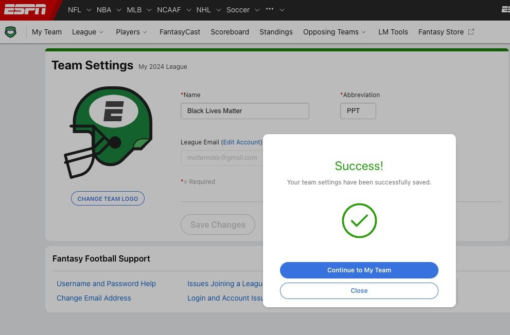 libsoftiktok's tweet photo. ESPN doesn't let you use "White Lives Matter" as a fantasy sports team name because it contains "banned words” but it's totally fine with "Black Lives Matter."

Care to explain @ESPN? https://t.co/9kEIyWWzNQ