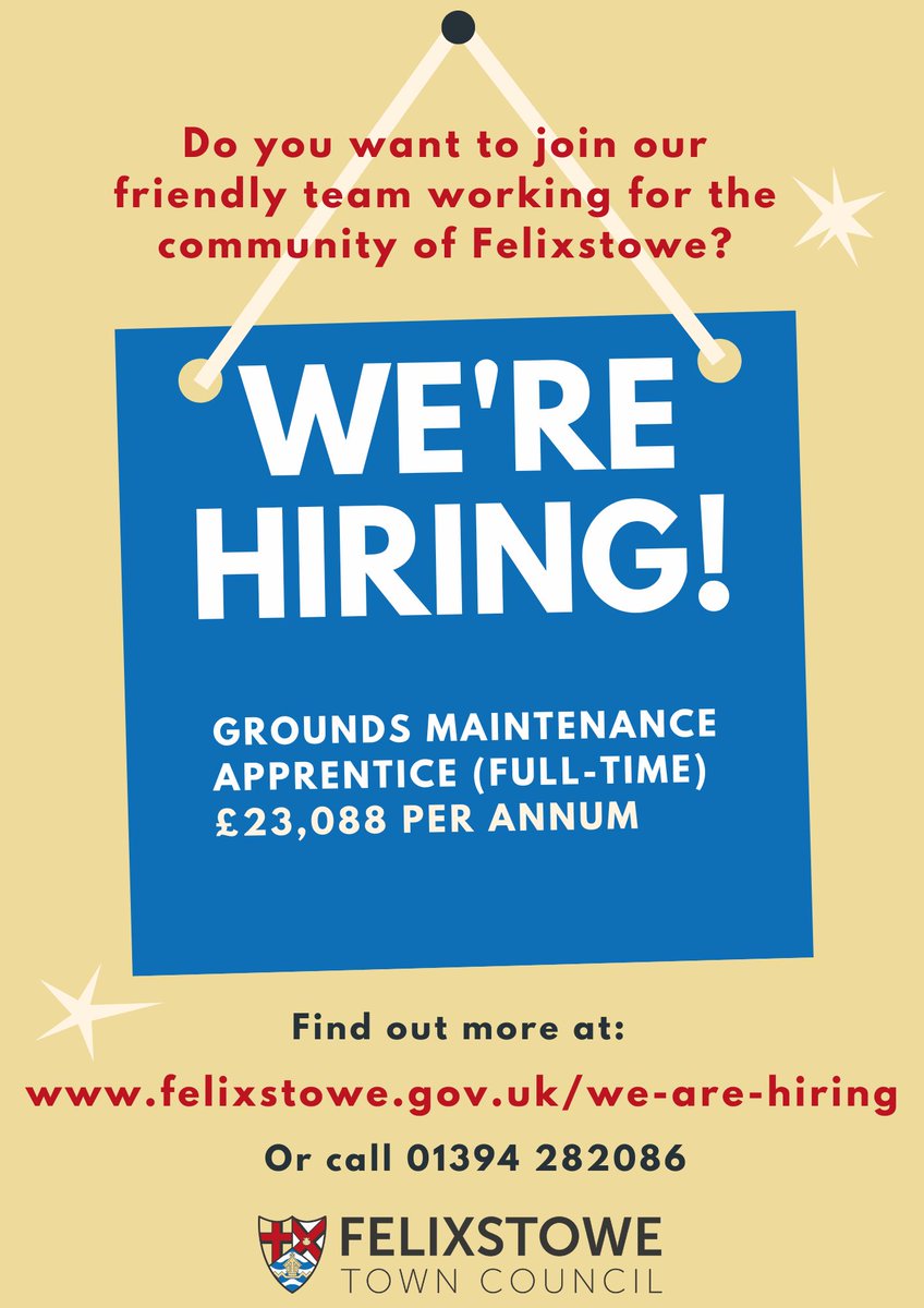 Do you want to join our friendly team working for the community of Felixstowe?
Felixstowe Town Council is looking to hire a full-time Grounds Maintenance Apprentice.
More information is available at felixstowe.gov.uk/we-are-hiring