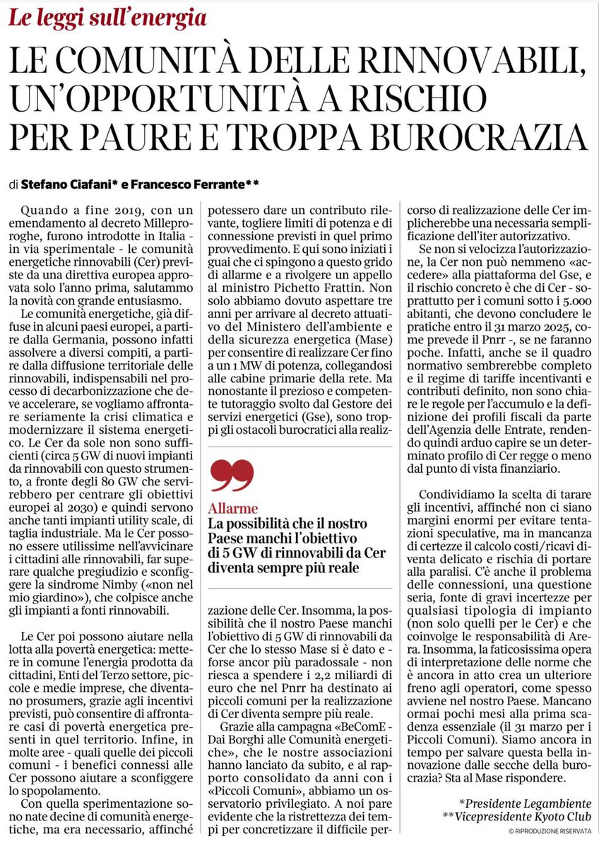 Sul <a href="/CorriereBN/">CorriereBuoneNotizie</a> con <a href="/StefanoCiafani/">Stefano Ciafani</a> sulle opportunità offerte dalle #ComunitàEnergetiche ma anche sul rischio che norme poco chiare e burocrazia ci facciano perdere una bella occasione di modernizzazione e di produzione di energia diffusa e #rinnovabile
@legambiente <a href="/Kyoto_Club/">Kyoto Club</a>