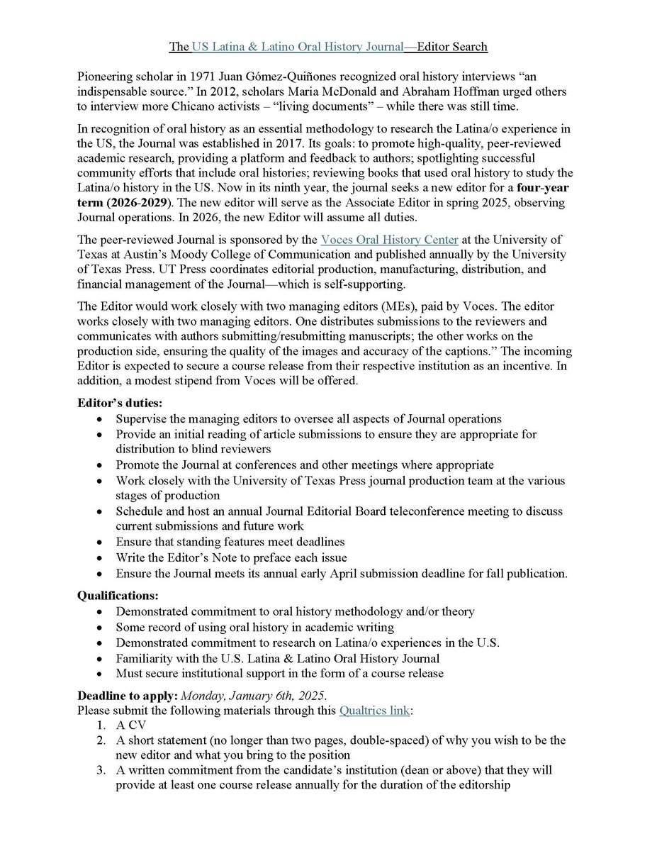 NEWS: The US Latina &amp; Latino Oral History Journal is seeking a new editor for the 2026-2029 term! Details for the editor search are posted below. Submission materials can be uploaded to: utexas.qualtrics.com/jfe/form/SV_9E…
Please contact <a href="/VocesCenter/">Voces Oral History Center</a> for more information.