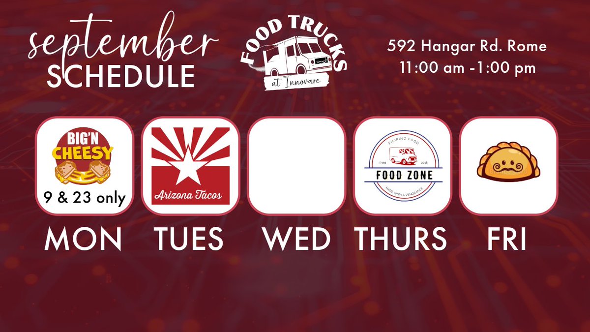 Happy September! 🍂 Get ready to welcome Big N Cheesy, Arizona Tacos, Food Zone Filipino Food, and Paco's Empanadas House! 

Join us for lunch from 11 AM to 1 PM at the Innovare Advancement Center—your taste buds will thank you! 😋