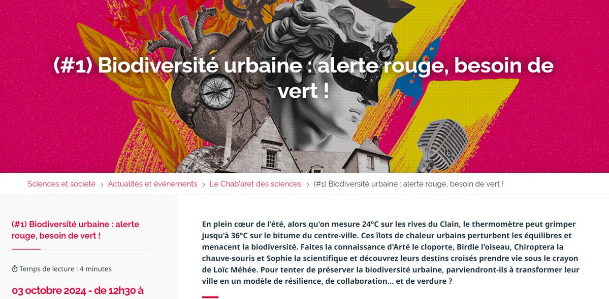 Rendez-vous au Chab'aret des Sciences, jeudi 03/10 pour parler Biodiversité urbaine avec Sophie! 😍🪲🐞🐜🦇🕸️🏫
🔗sciences-et-societe.univ-poitiers.fr/le-chabaret-de…
Espace Chaboureau
49 place Charles de Gaulle, 86000 Poitiers
<a href="/UnivPoitiers/">Université de Poitiers</a> <a href="/DR08_CNRS/">CNRS Centre Limousin Poitou Charente</a>